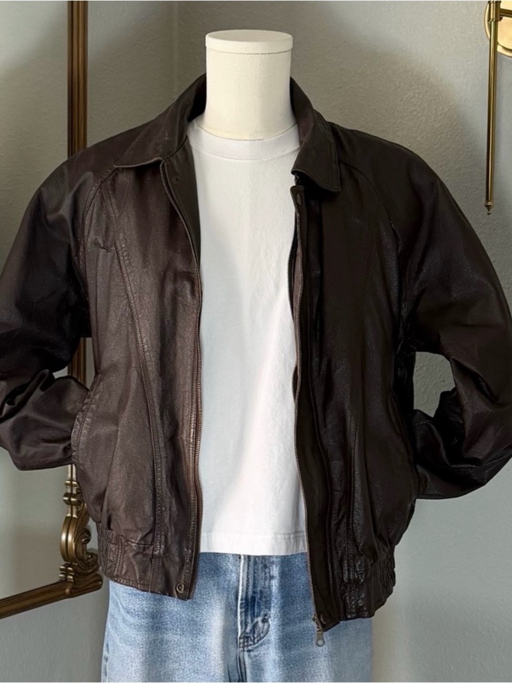 Vintage Lucky Leather Co Brown Bomber Jacket Mens XL